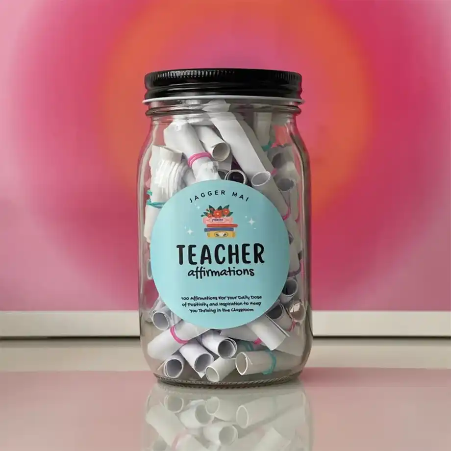 A decorative jar filled with uplifting affirmations and motivational messages, specially curated for teachers. A thoughtful gift to inspire and brighten their day.