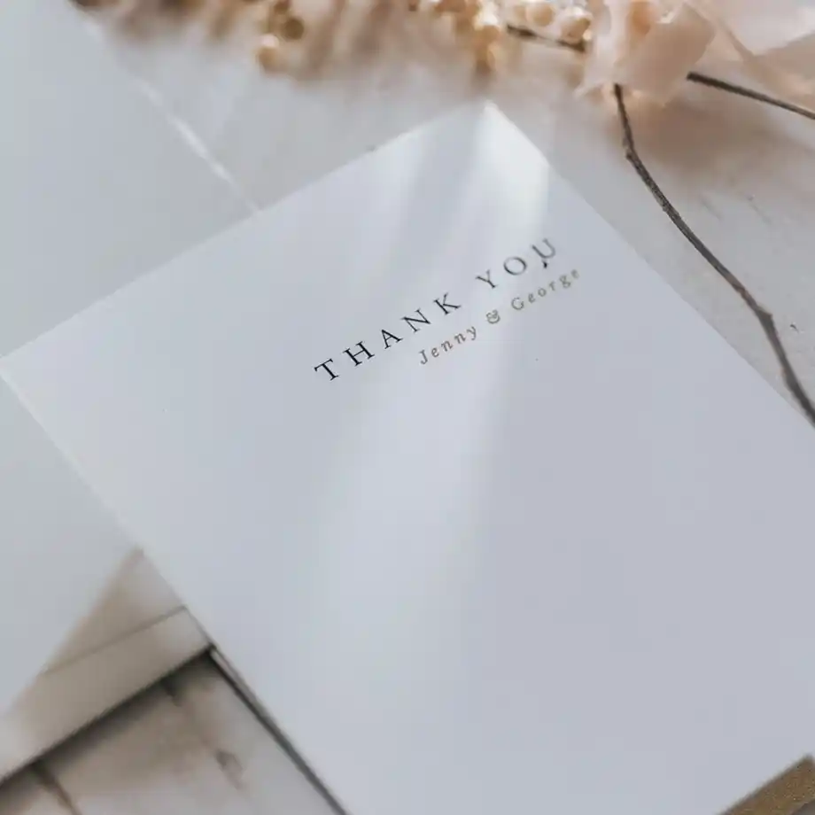 A set of elegant wedding thank you cards featuring a minimalist design with customizable text. Perfect for expressing a heartfelt thank you message for gift recipients, these cards combine simplicity and sophistication, making them an ideal choice for wedding gratitude. Includes matching envelopes for a polished presentation.