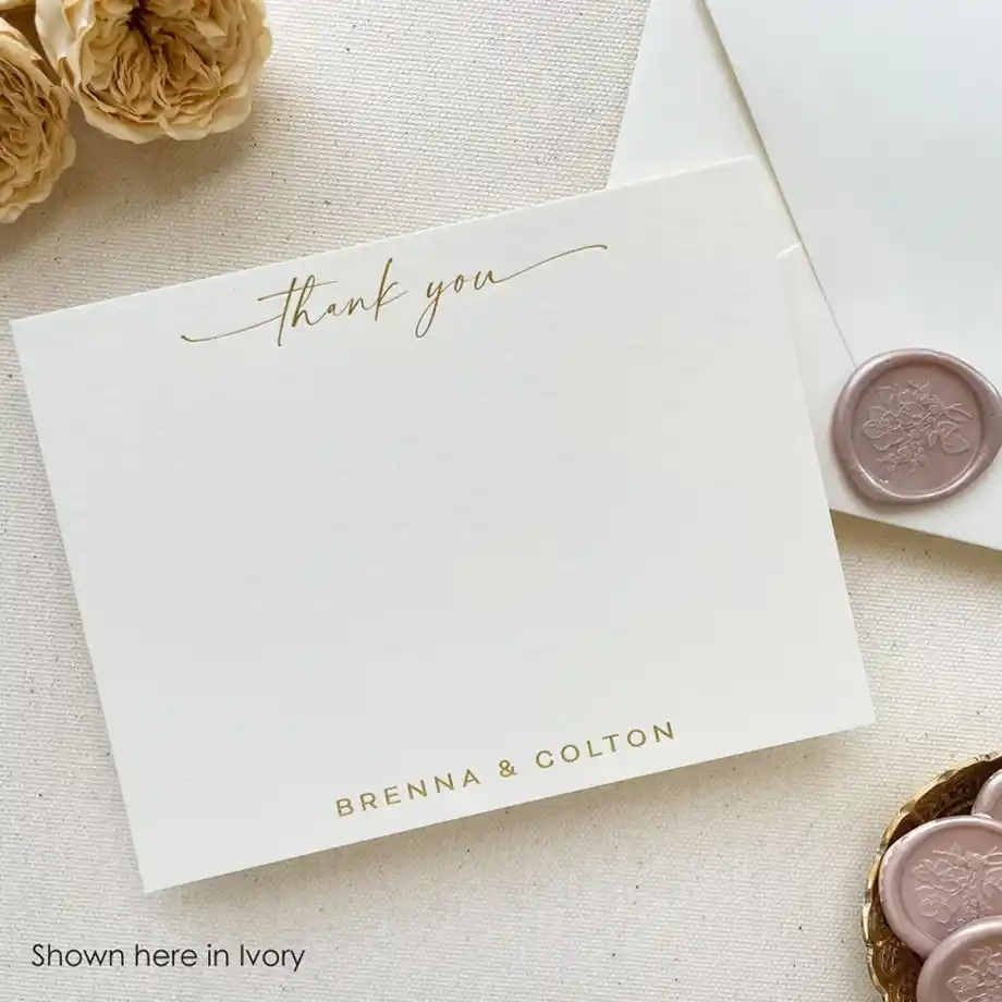 A beautifully designed custom wedding thank you card set featuring elegant typography and customizable details. These cards are perfect for creating a heartfelt thank you message for gift-givers, adding a personal touch to your gratitude. Includes matching envelopes for a complete and stylish look.