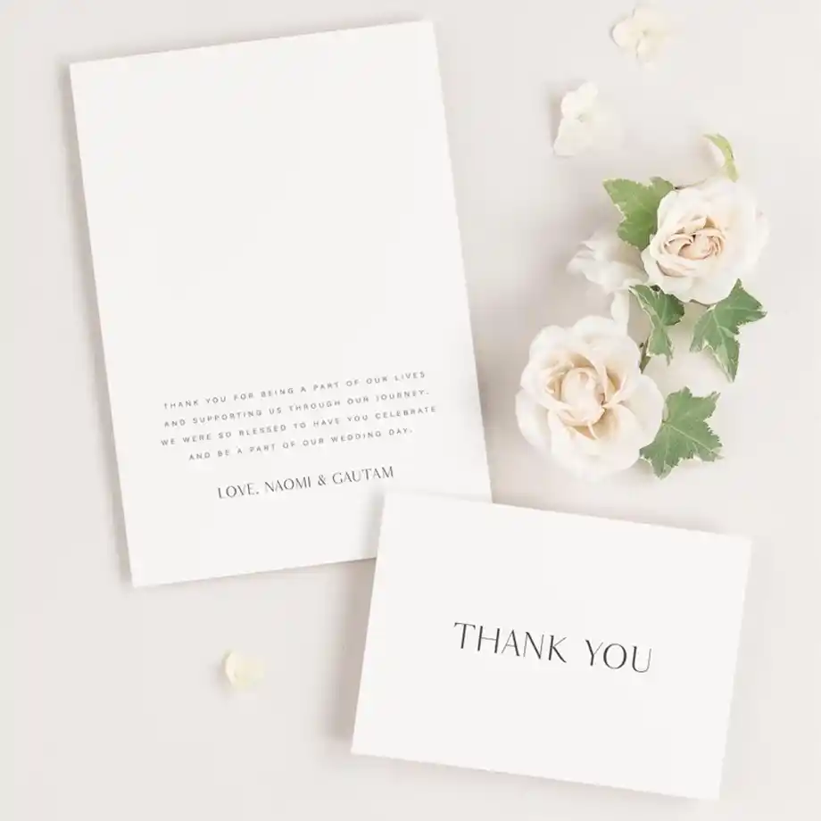 Beautiful Naomi wedding thank you cards with a modern and elegant design. These cards are perfect for expressing a heartfelt thank you message for gift-givers, adding a personal touch to your wedding or special celebration. Featuring high-quality materials and a sophisticated finish, they make your gratitude memorable.