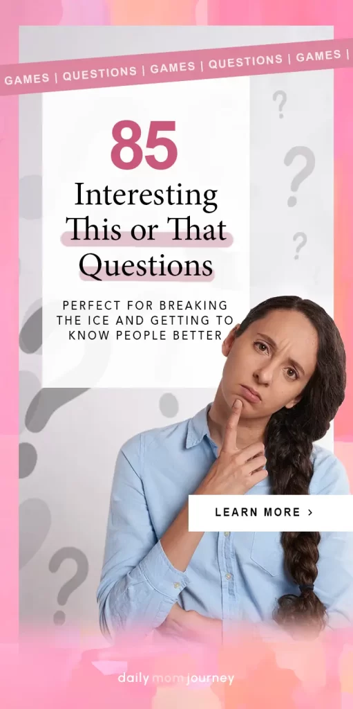 A thoughtful woman in a blue shirt with a puzzled expression, promoting a list of 85 interesting this or that questions to break the ice and get to know people better.