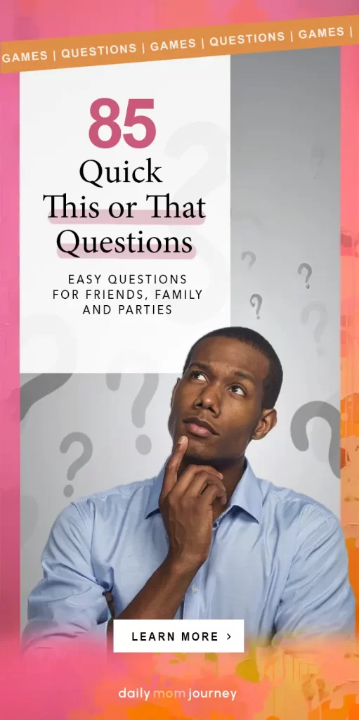 A man in a blue shirt looking thoughtful, highlighting a fun and engaging list of 85 quick this or that questions perfect for friends, family, and party games.