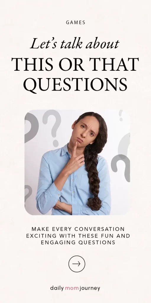 A woman in a blue shirt thinking with a curious expression, introducing an exciting discussion about this or that questions to make conversations more interactive and enjoyable.