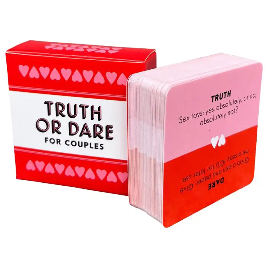 A vibrant Truth or Dare Questions game for couples featuring a red and pink card deck with playful and intimate prompts, designed to spark fun and connection.