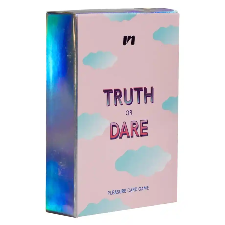 A pastel-themed Truth or Dare Questions card game box with cloud designs, offering a playful and engaging experience for couples and friends.