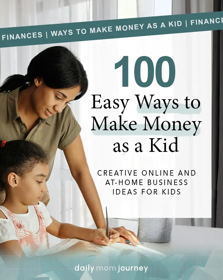 A mother helping her child write down business ideas, emphasizing easy ways to make money as a kid through creativity and entrepreneurship.