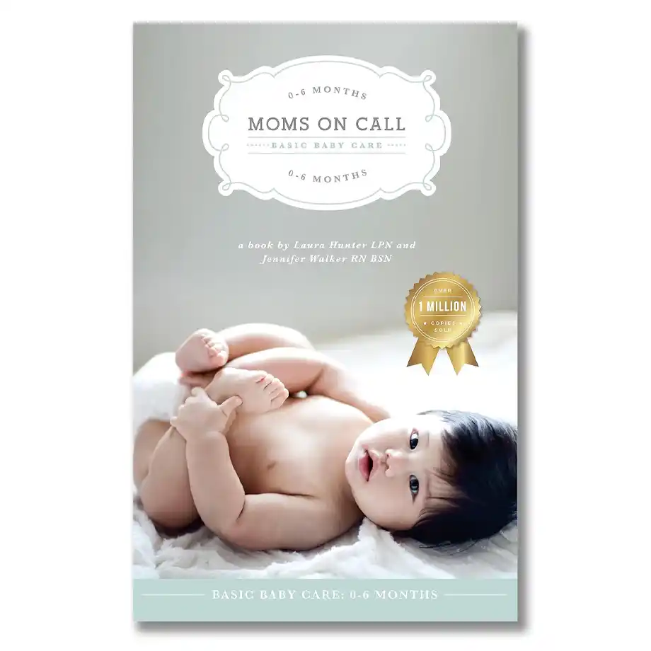 The cover of the book 'Moms on Call: Basic Baby Care (0-6 Months),' featuring a baby lying on a soft blanket, a resource for parents managing newborn challenges like the witching hour.