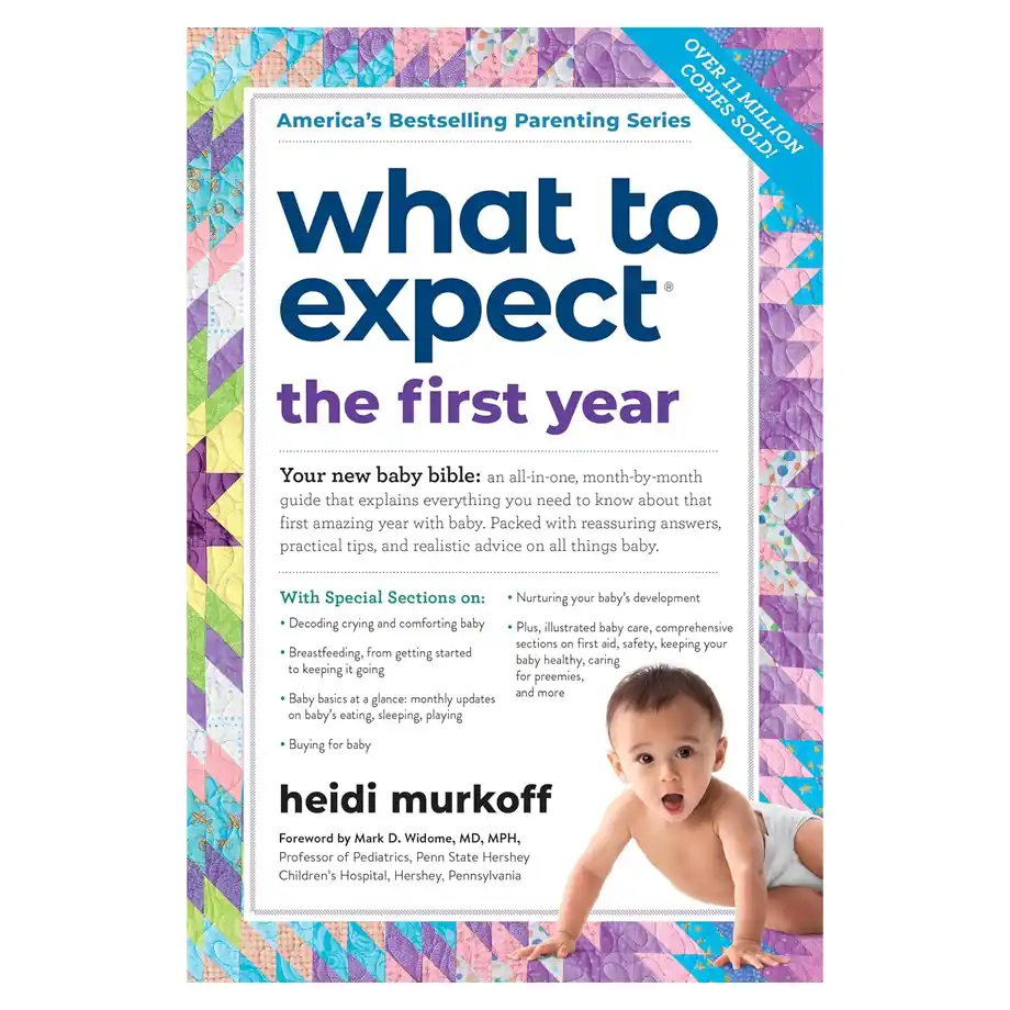 Cover of the book 'What to Expect the First Year' by Heidi Murkoff, featuring a colorful quilt background and a baby sitting up, a comprehensive guide for parents navigating milestones, including tips for managing the witching hour.