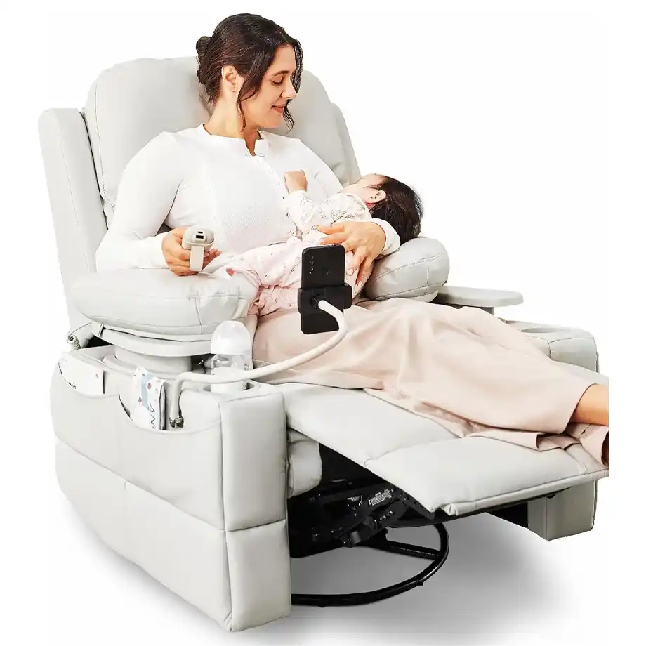 MAMAZING adjustable glider rocking chair with armrests, designed for breastfeeding and soothing moments with your baby during the witching hour, offering comfort and certified support for moms.