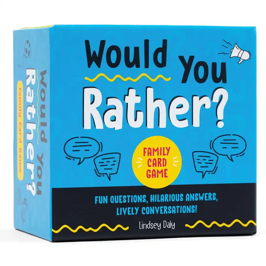 A vibrant blue box of the 'Would You Rather Questions' family card game by Lindsey Daly, featuring fun questions, hilarious answers, and lively conversation starters.