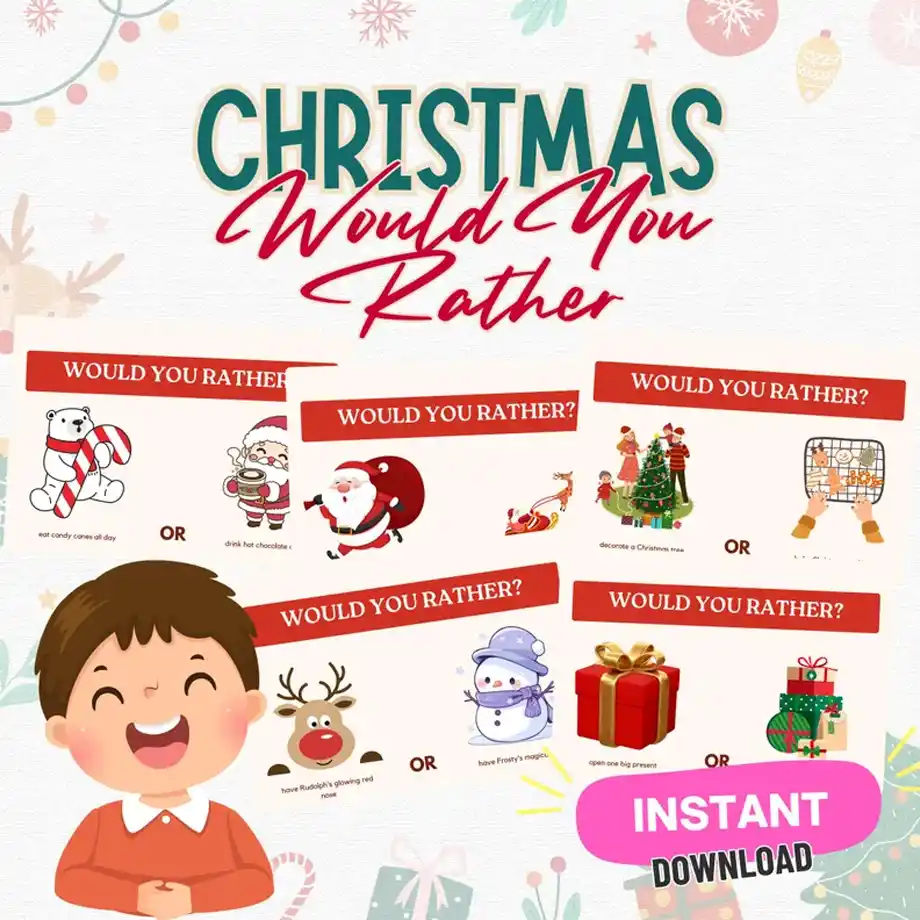 Printable Christmas-themed 'Would You Rather Questions' game designed for kids and teens, featuring festive and fun holiday choices for parties or family gatherings.