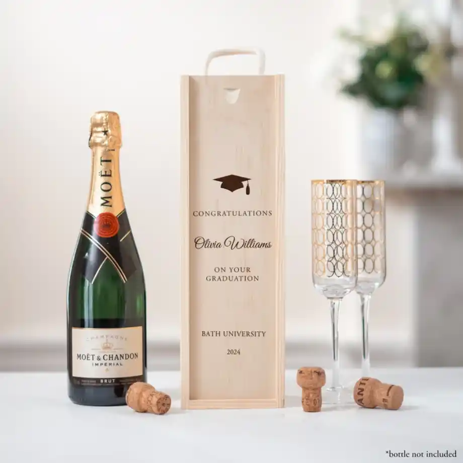 An engraved wooden bottle box with a congratulatory message for a Bath University graduate, class of 2024, making it a elegant and personalized graduation gift idea.