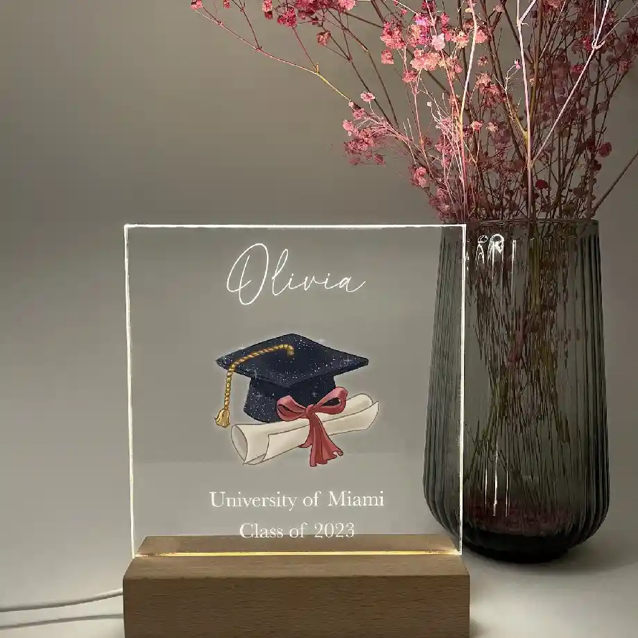 Personalized LED wood light-up stand plaque featuring a custom photo, a perfect graduation gift for high school or college seniors