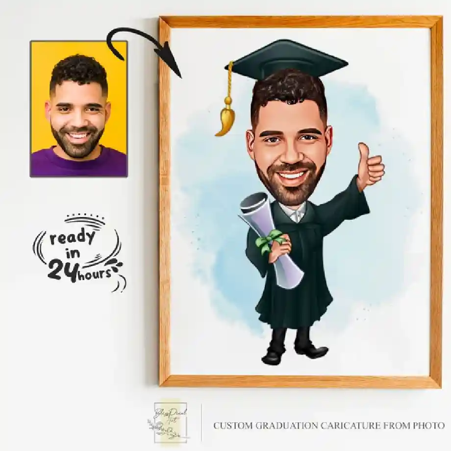 Custom graduation cartoon portrait created from a photo, featuring a personalized caricature style. A unique graduation gift with inspiring graduation quotes.