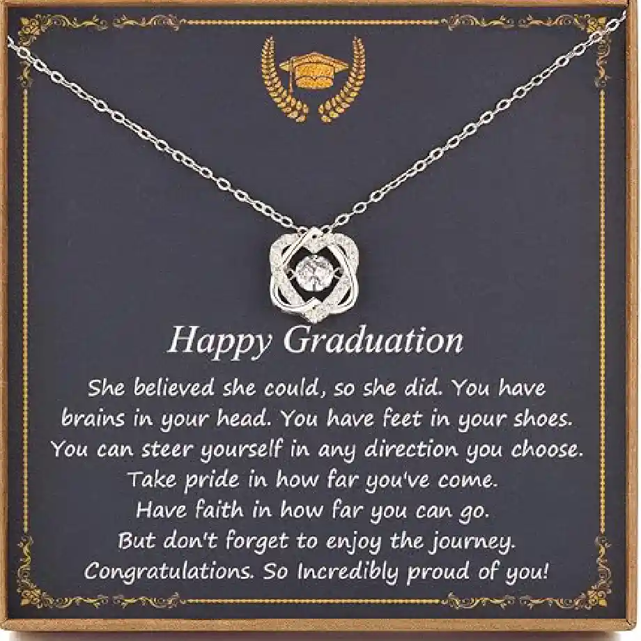 Elegant graduation necklace with an inspiring message card featuring heartfelt graduation quotes, celebrating success and perseverance.