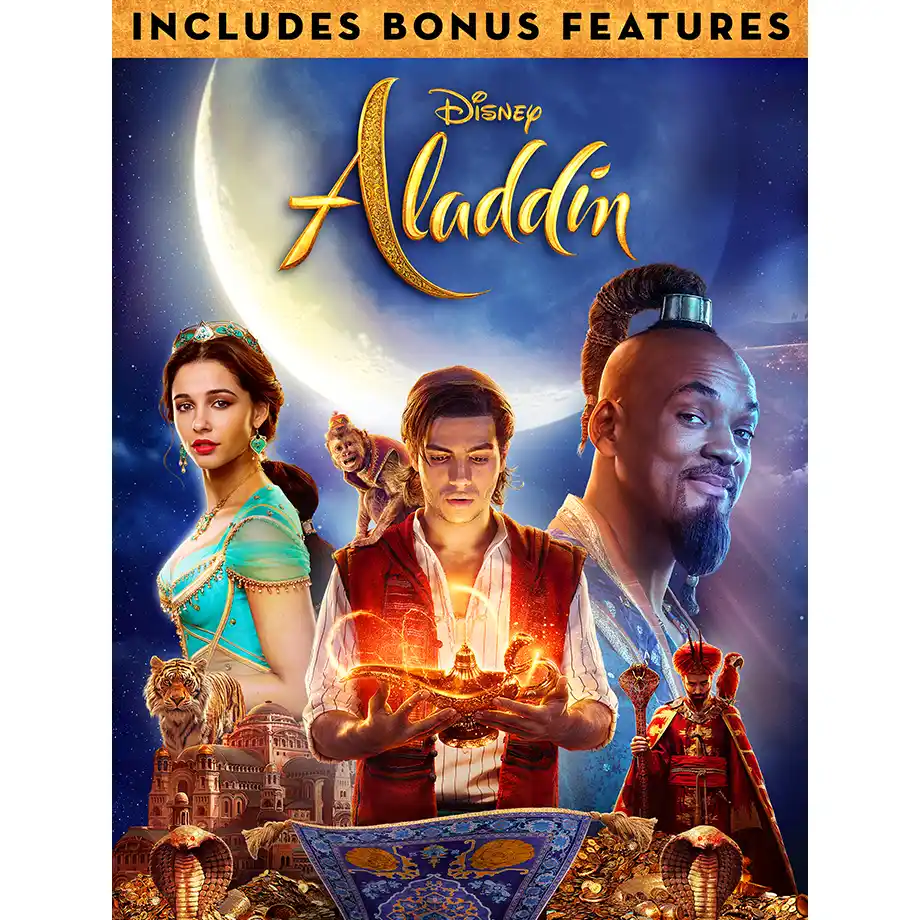 The image from Aladdin shows a young hero soaring on a magic carpet with Princess Jasmine and Genie. A magical adventure in the Best Kid Movies category!