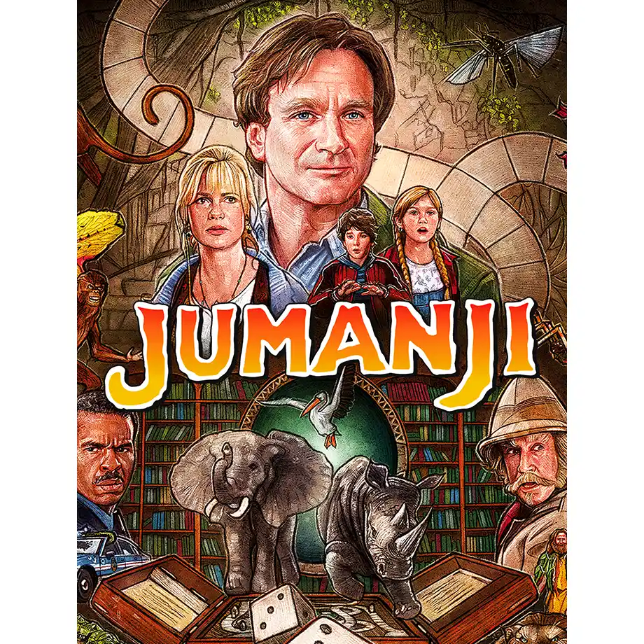 The image from Jumanji shows kids being pulled into a wild and unpredictable jungle adventure through a mysterious board game. An exciting thrill ride in the Best Kid Movies category!