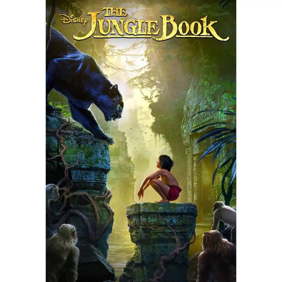 The image from The Jungle Book shows Mowgli, a young boy, exploring the jungle with his animal friends. A classic adventure in the Best Kid Movies category!