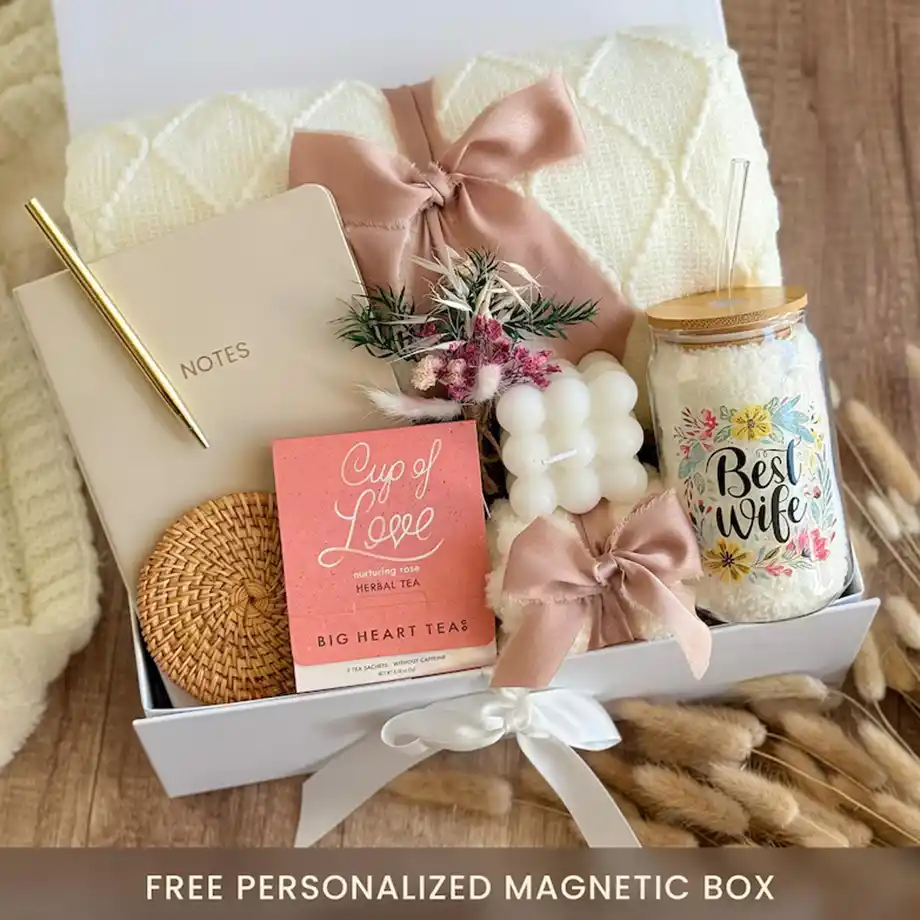 A beautifully curated cozy gift box for wife, filled with warm and thoughtful surprises. Perfect for Birthday wishes for wife, making her feel loved and pampered.