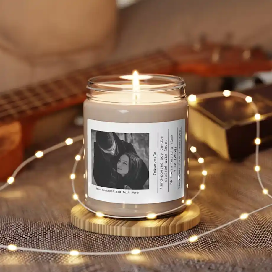 A beautifully crafted personalized picture candle, capturing cherished memories in a warm glow. Perfect for Birthday wishes for wife, creating a heartfelt and meaningful gift.