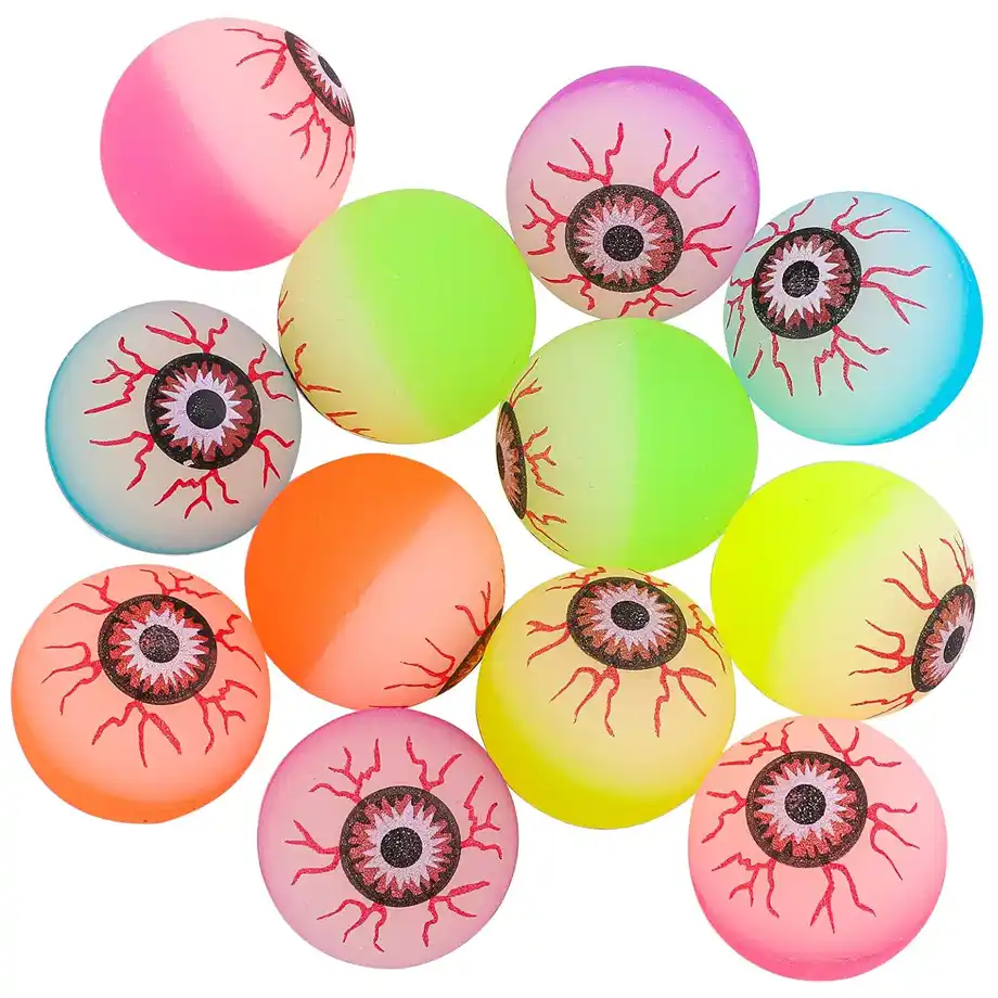 A collection of colorful bouncy balls featuring eerie eyeball designs with red veins, perfect for adding a spooky touch to Halloween gifts. These fun and creepy bouncy balls make a great addition to a Halloween boo basket, bringing excitement and thrills to kids and adults alike.