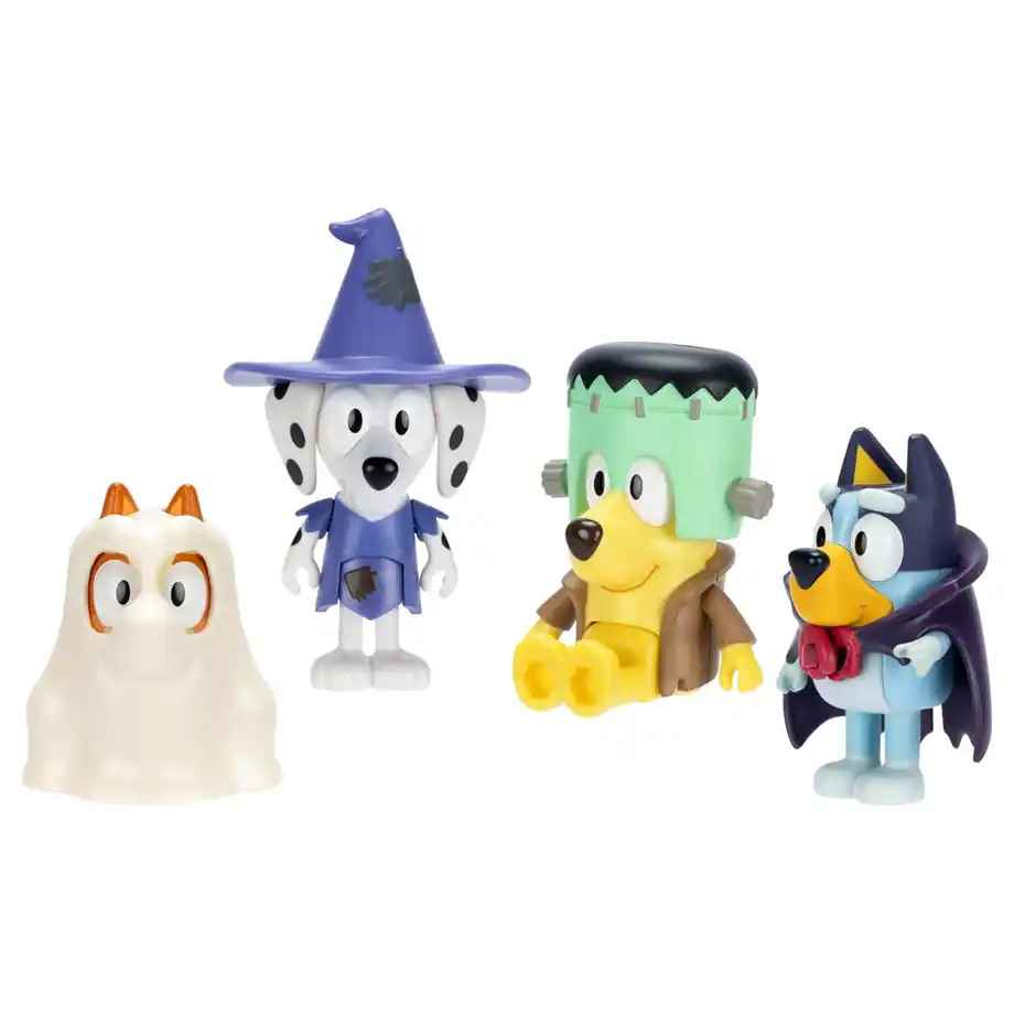 A set of four Halloween-themed Bluey figurines featuring characters dressed as a ghost, a wizard, Frankenstein, and a vampire. These adorable collectible toys make a perfect addition to a Halloween boo basket for kids, adding a touch of spooky fun to the holiday.