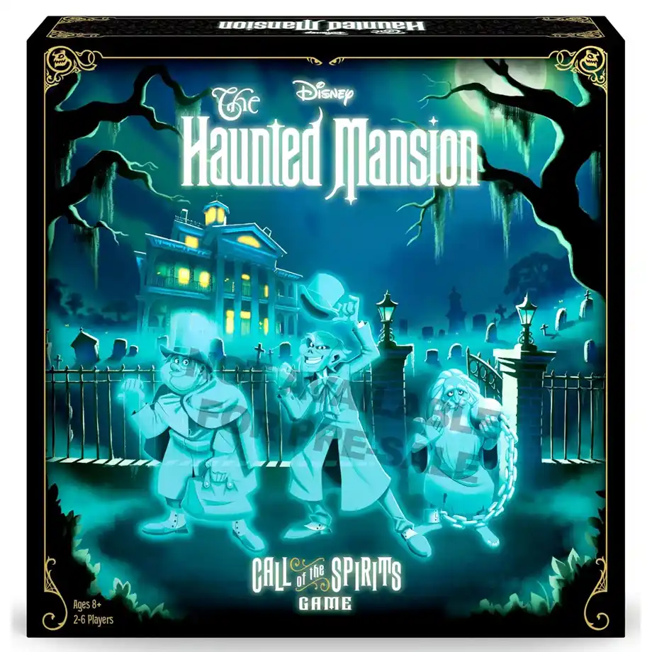 Disney Haunted Mansion Call of the Spirits board game featuring glowing ghost characters and a haunted house backdrop, perfect for a spooky-themed boo basket gift.