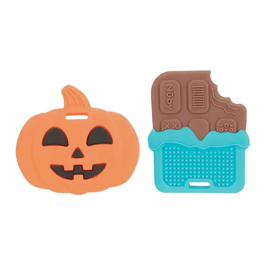 Set of Halloween-themed silicone teething toys featuring a smiling jack-o'-lantern and a chocolate bar design, perfect for adding a festive touch to your baby’s boo basket.