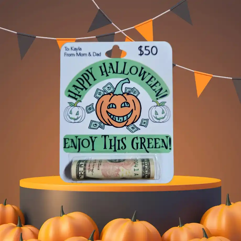 Halloween-themed money gift card with a grinning pumpkin, dollar bills, and the phrase “Enjoy This Green!” — a creative and festive treat for any boo basket surprise. 