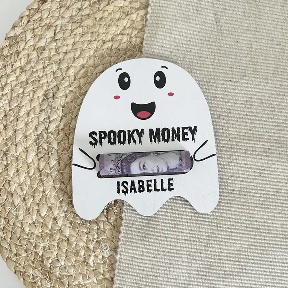 Cute ghost-shaped Halloween money holder with “Spooky Money” and a personalized name, making a fun and creative addition to any boo basket surprise.