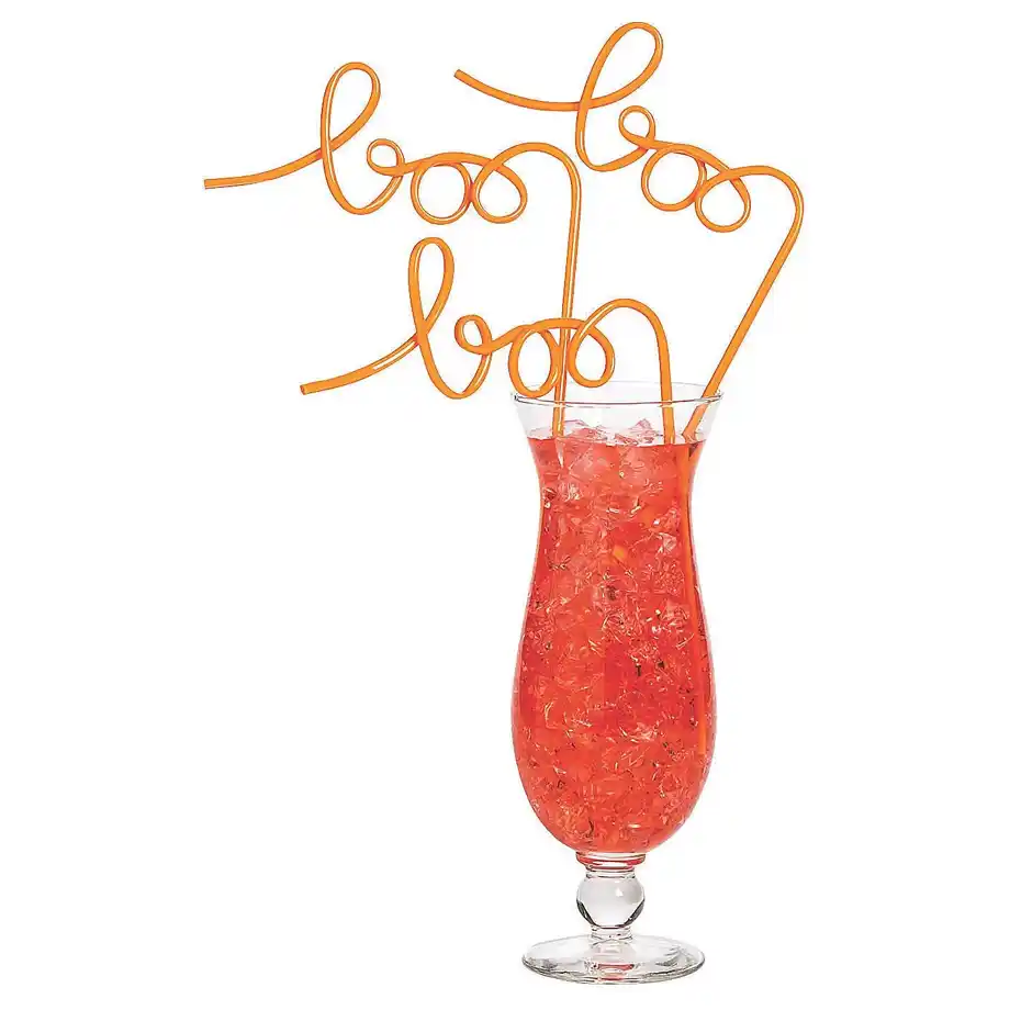 A glass of bright red Halloween punch with three playful orange straws spelling out "boo"—a festive and spooky addition that’s perfect for creating a creative and fun boo basket. 