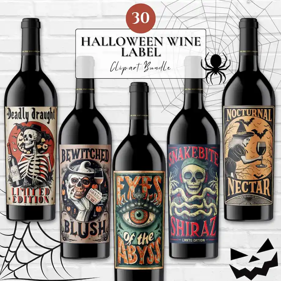 A set of five Halloween-themed wine bottles with eerie, artistic labels featuring skeletons, witches, and spooky creatures—perfect for creating a unique and grown-up boo basket with a hauntingly fun twist. 