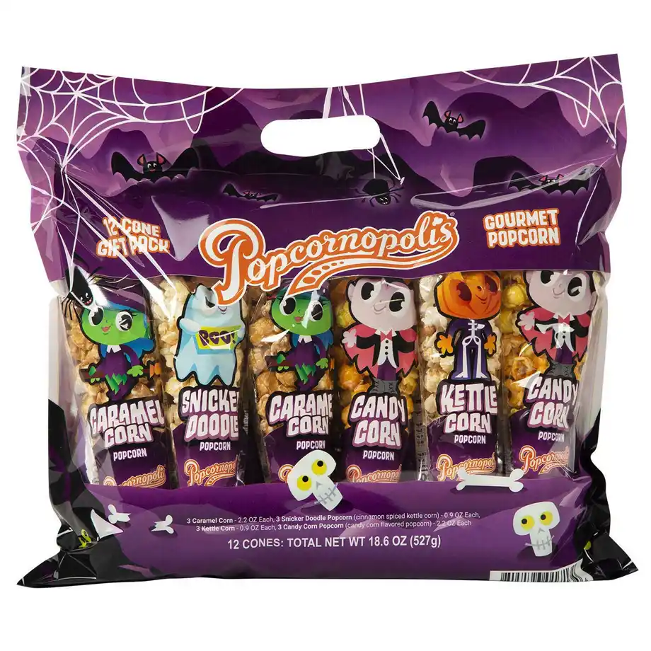 A festive 12-cone gift pack of Popcornopolis gourmet popcorn, featuring Halloween-themed flavors like caramel corn, snickerdoodle, candy corn, and kettle corn—perfect for adding a crunchy, sweet surprise to any Halloween boo basket.