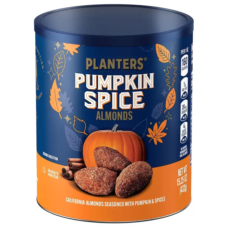 A festive can of Planters Pumpkin Spice Almonds, featuring cozy autumn leaves, cinnamon sticks, and a pumpkin—an irresistible seasonal snack to add a flavorful twist to any Halloween boo basket.