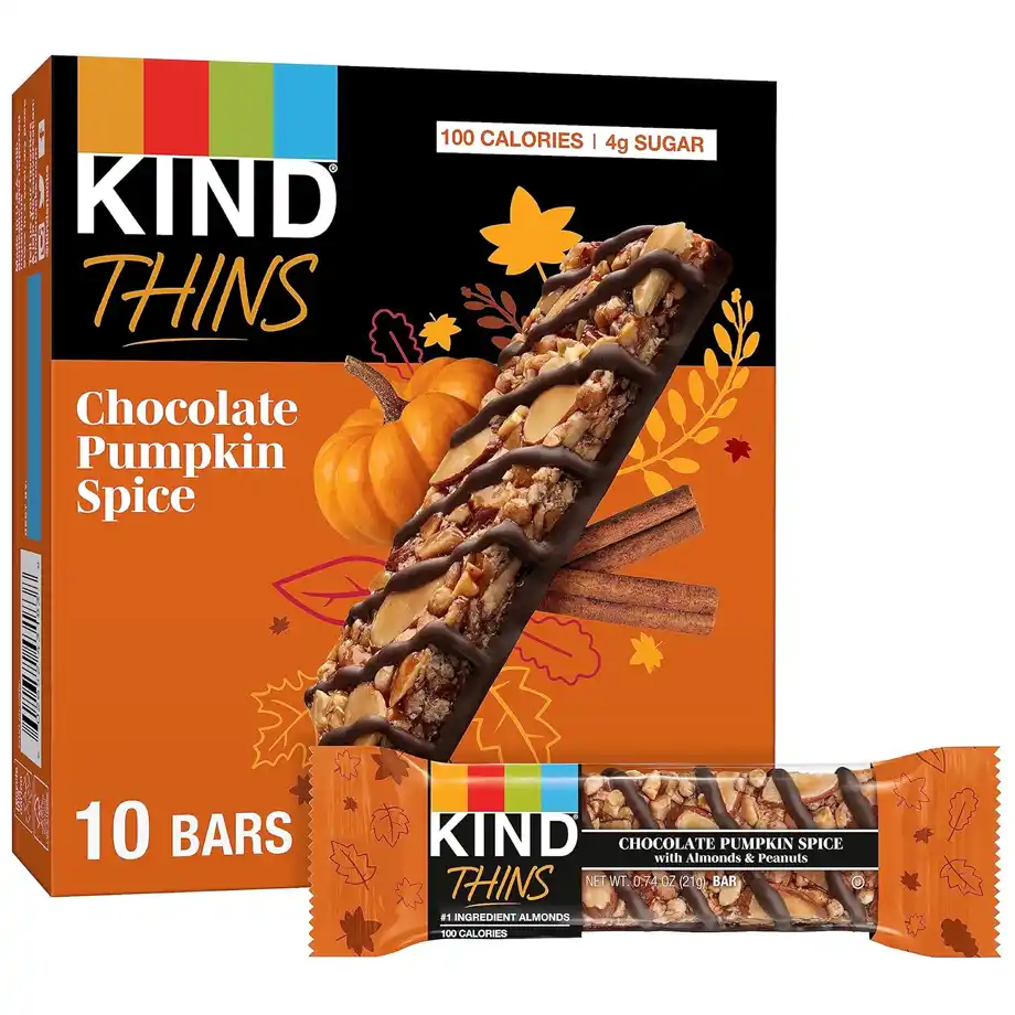 A box of Chocolate Pumpkin Spice bars, featuring cozy autumn flavors of almonds, peanuts, and chocolate drizzle, perfect for adding a festive and delicious touch to any Halloween boo basket.