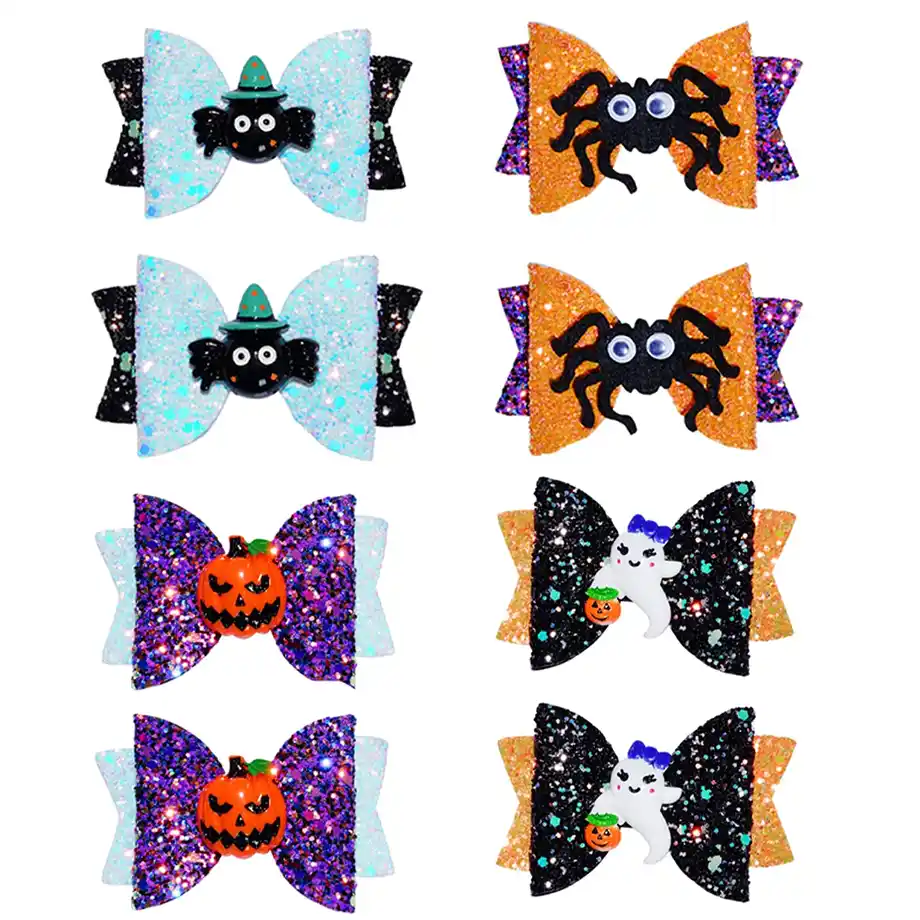 A set of 8 Halloween-themed hair accessories featuring glittery bows, spider hair clips, pumpkin barrettes, and ghost hair pins—ideal for adding a festive touch to any girl’s Halloween outfit or as a fun addition to a spooky boo basket.