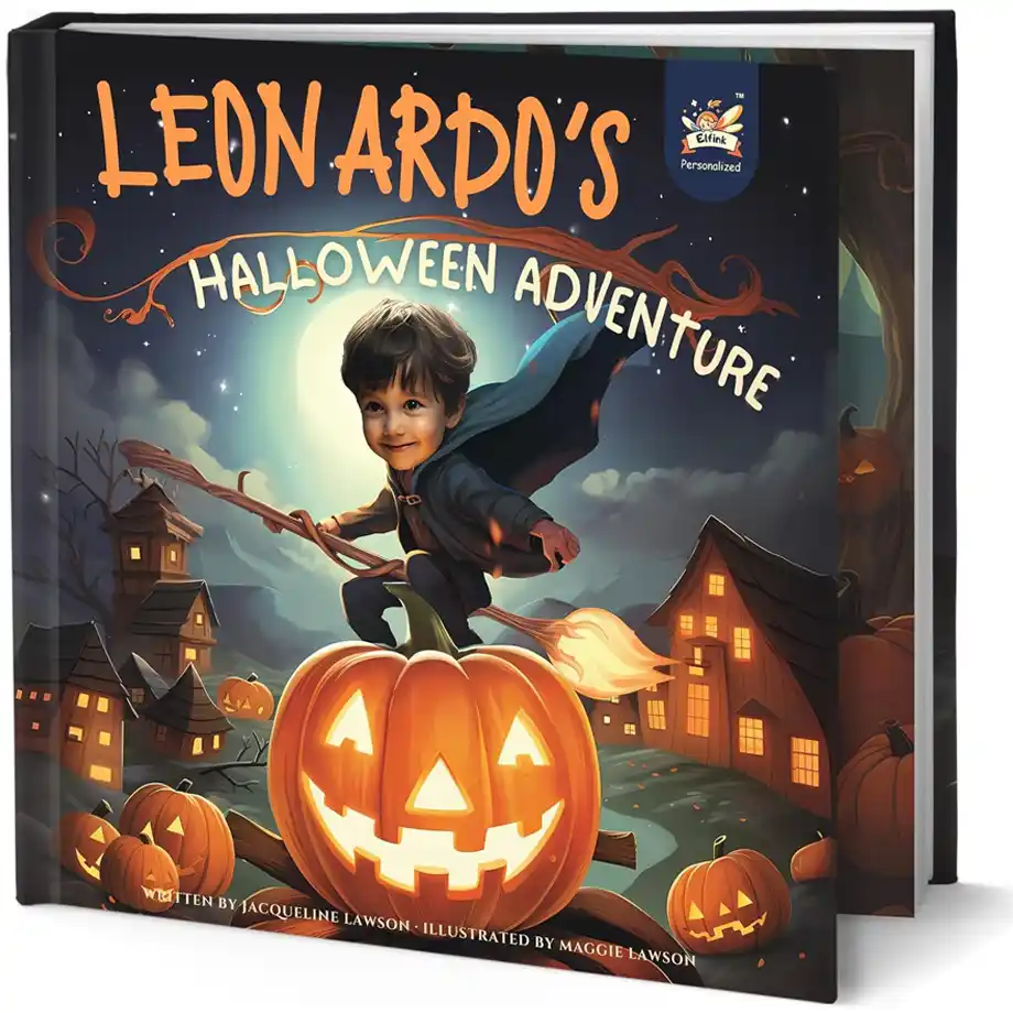 A customized children's book titled "Leonardo's Halloween Adventure" featuring a young child dressed as a wizard flying on a broomstick over a spooky village with glowing jack-o'-lanterns. The full moon lights up the eerie yet fun Halloween night. This enchanting book is a perfect addition to a boo basket, making Halloween extra special for kids.







