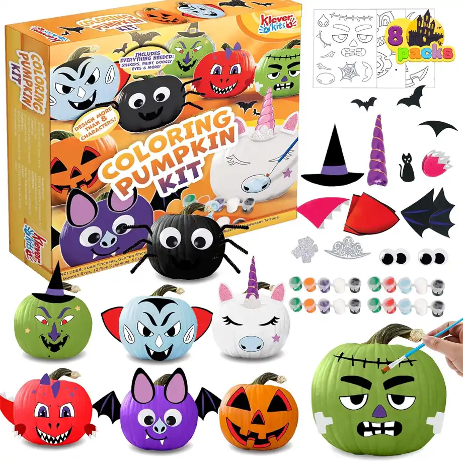 A festive Halloween Pumpkin Decorating Kit by Klever Kits, featuring arts and crafts party favors for kids. Perfect for adding creative, mess-free fun to a Halloween boo basket or school activity!