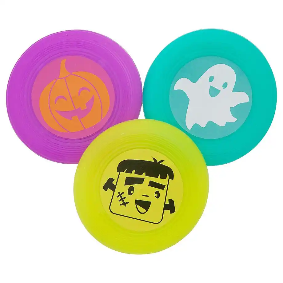 A bulk set of 72 Halloween-themed mini flying discs, perfect for adding playful and spooky fun to any boo basket or Halloween party favor bag!