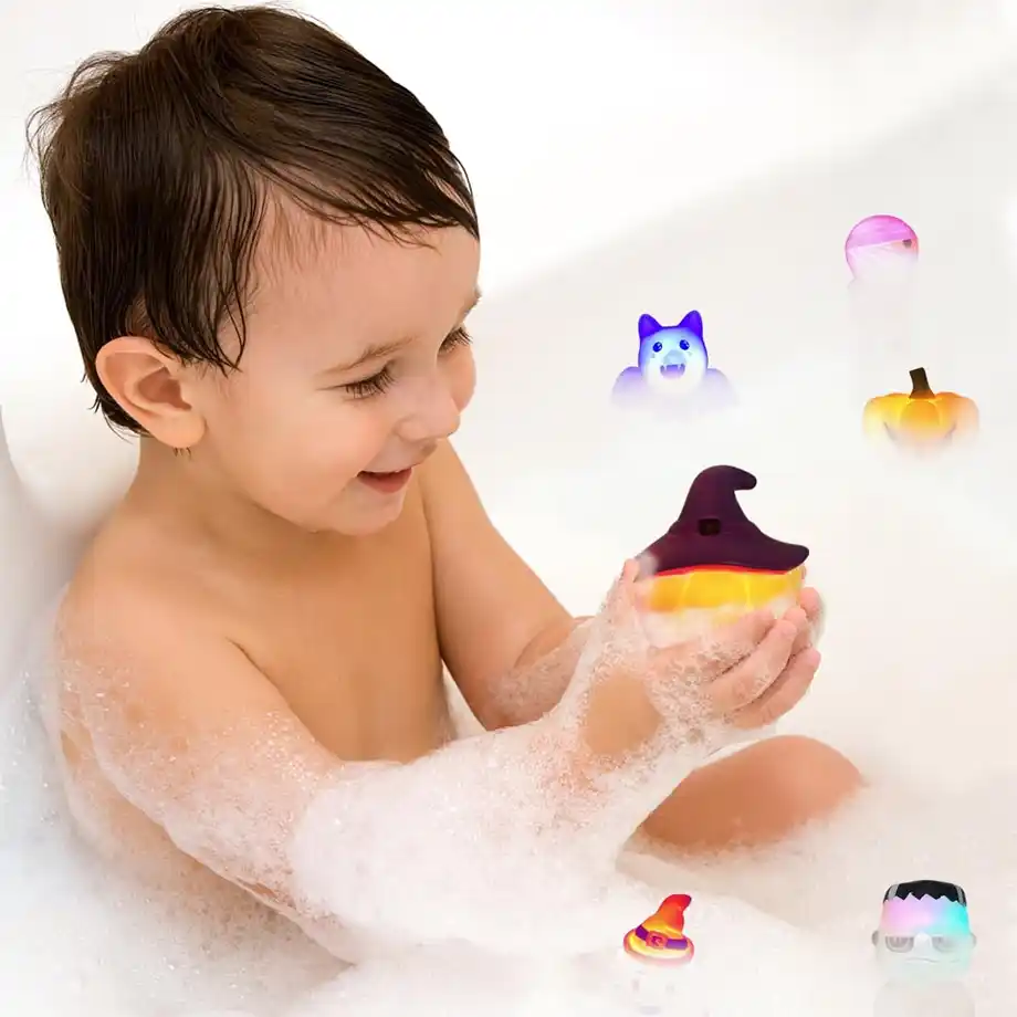 A set of 6 Halloween-themed light-up bath toys, perfect for creating a fun and spooky bath time or adding a glowing surprise to any boo basket for kids and toddlers!