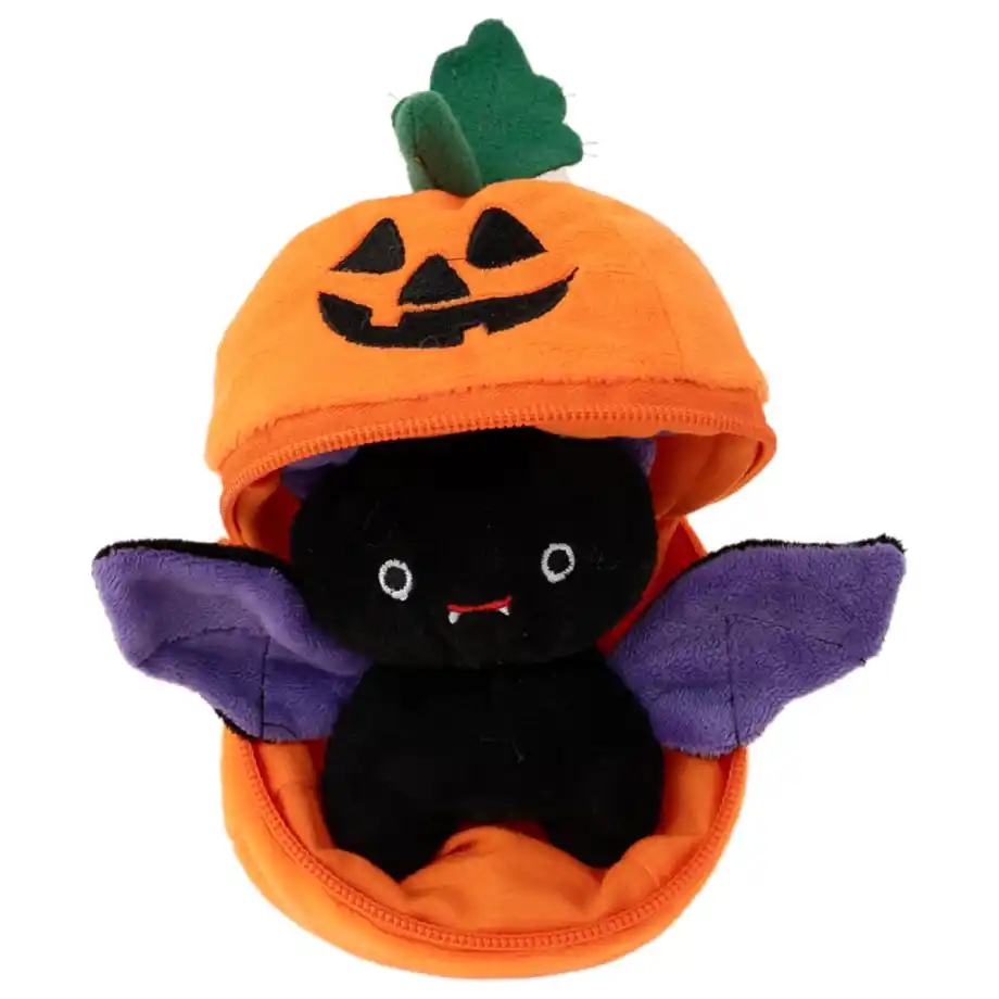 A 6-inch Plushland Halloween zip-up bat stuffed animal, perfect for festive decorations and adding a cozy, spooky touch to any boo basket or Halloween surprise!