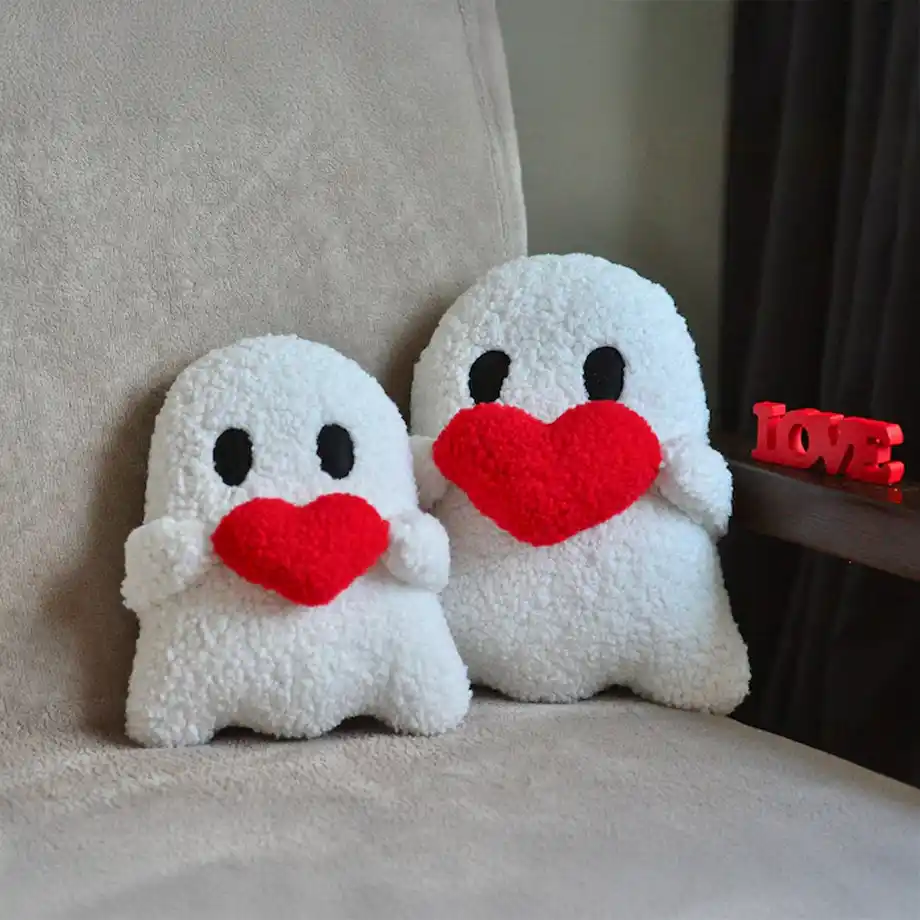 Adorable plush ghost with a heart, a soft and cozy gothic love gift perfect for a spooky Valentine’s Day or a charming touch to your Halloween boo basket!