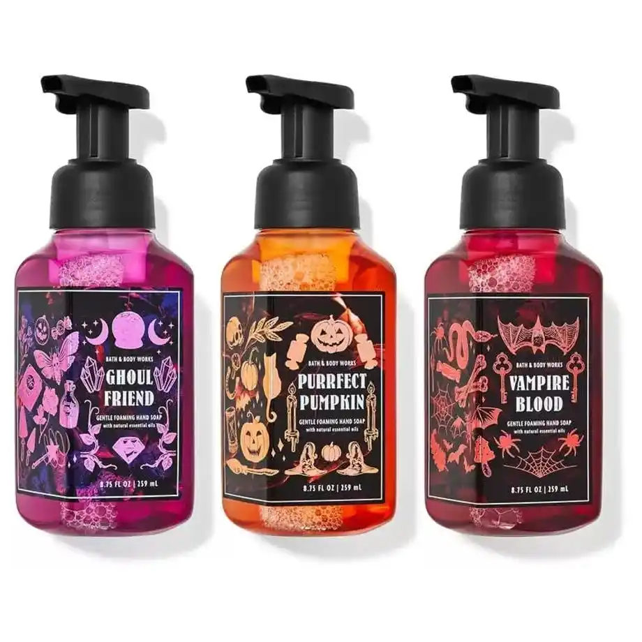 Bath & Body Works Halloween gentle foaming hand soap set featuring Ghoul Friend, Vampire Blood, and Purrfect Pumpkin — a festive and fragrant addition to any Halloween boo basket!