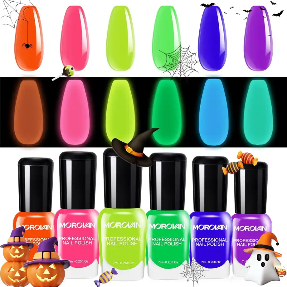 Bright and festive Morovan neon nail polish kit with glow-in-the-dark colors — a perfect addition to any Halloween boo basket for nail art lovers!