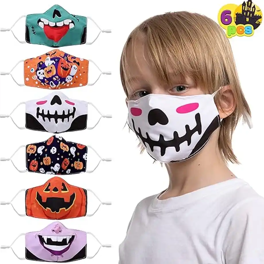 Set of 6 Halloween-themed reusable and washable face cloth covers with adjustable ear loops, featuring playful spooky designs — a festive and practical addition to any Halloween boo basket!