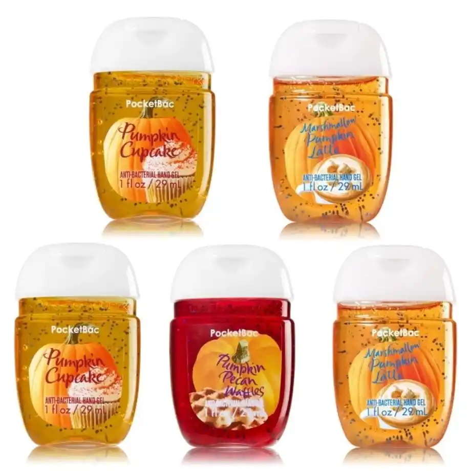 A delightful set of 5 Pumpkin Treats PocketBac hand sanitizers from Bath & Body Works, adding a cozy and festive touch to any Halloween boo basket!