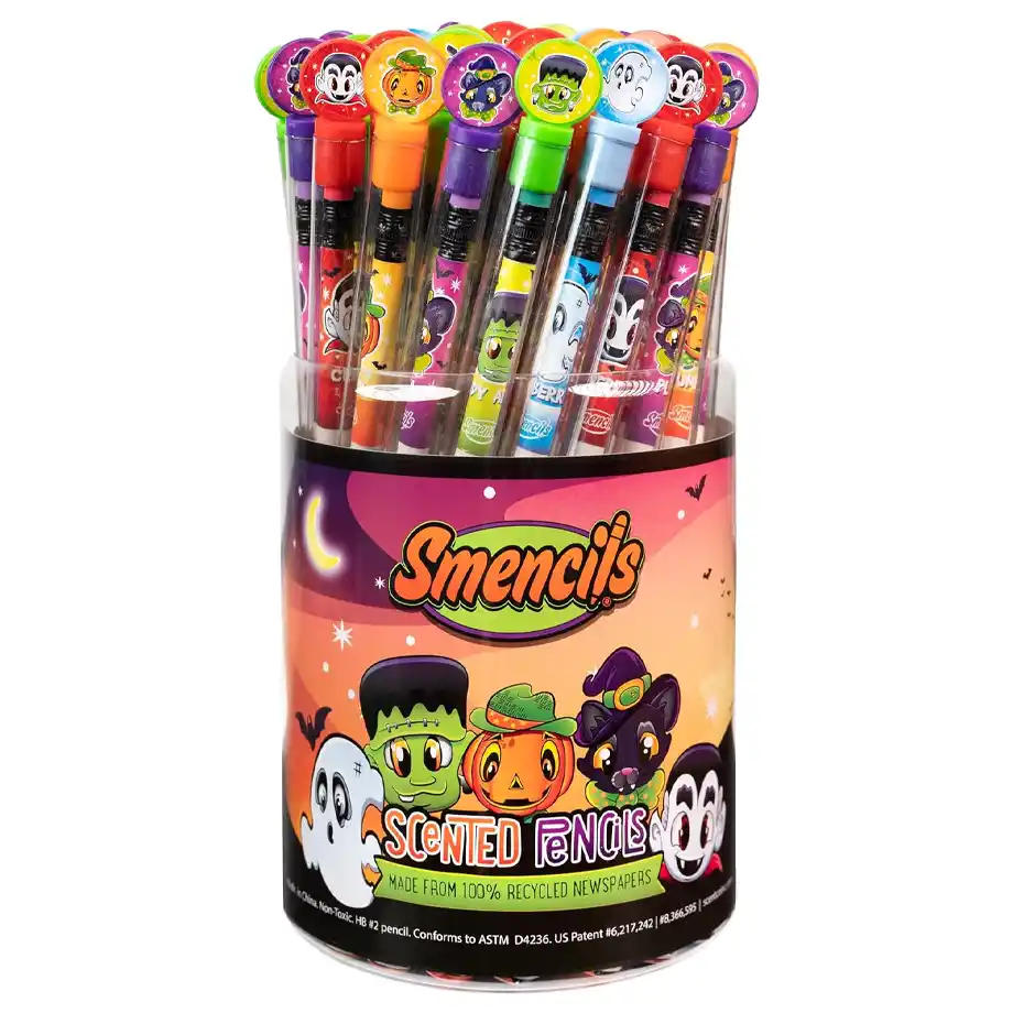 A festive Halloween-themed cylinder of 50 scented Smencils, perfect for adding a fun and fragrant twist to any boo basket, classroom reward, or party favor!