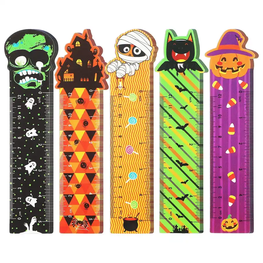 A set of 45 Halloween-themed bookmark rulers featuring five festive designs, perfect for classroom rewards, trick-or-treat prizes, and adding a creative touch to any boo basket!