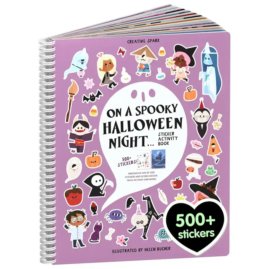 A spiral-bound Halloween sticker activity book titled On a Spooky Halloween Night... features a purple cover decorated with adorable Halloween-themed characters, including ghosts, witches, pumpkins, and skeletons. With 500+ stickers, this interactive book is a perfect addition to a kid’s boo basket for creative Halloween fun.







