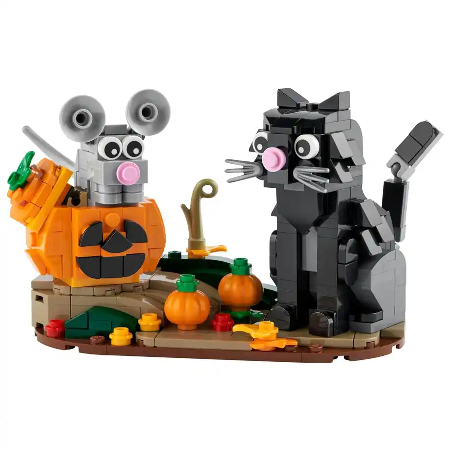 A Halloween-themed LEGO set featuring a black cat, a mouse popping out of a jack-o'-lantern, and festive pumpkins on a fall-themed base. This adorable and spooky LEGO set makes a perfect addition to a Halloween boo basket, bringing creativity and festive fun to the holiday.







